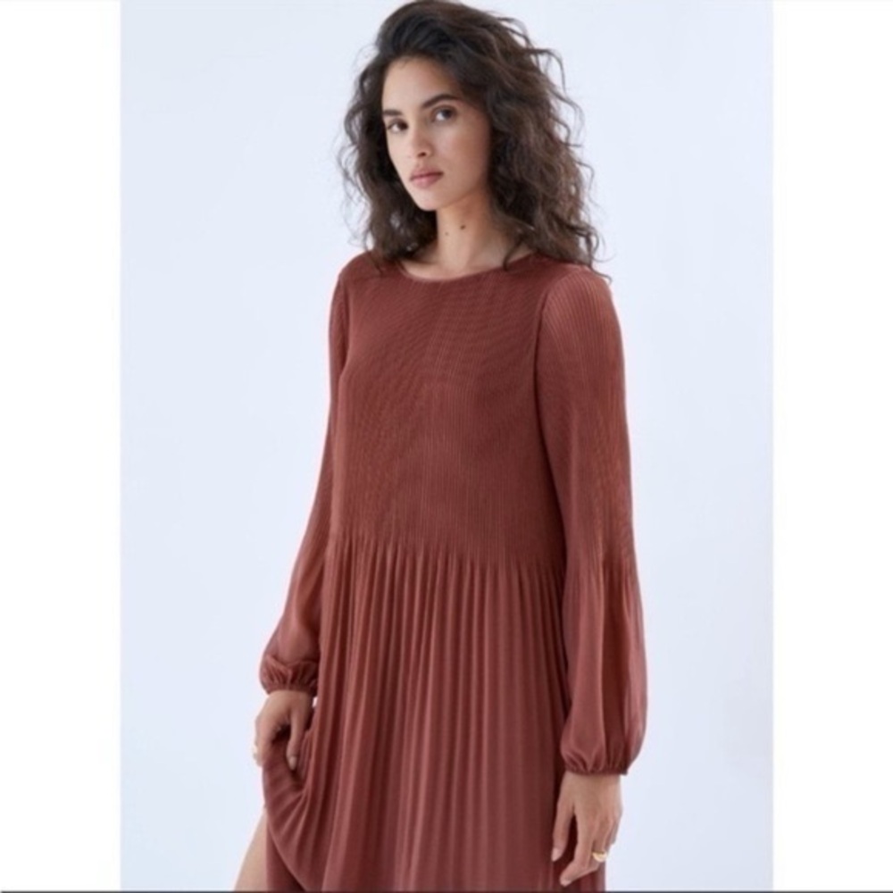 Wilfred Rust-Brown Pleated Long-Sleeve Mini Dress